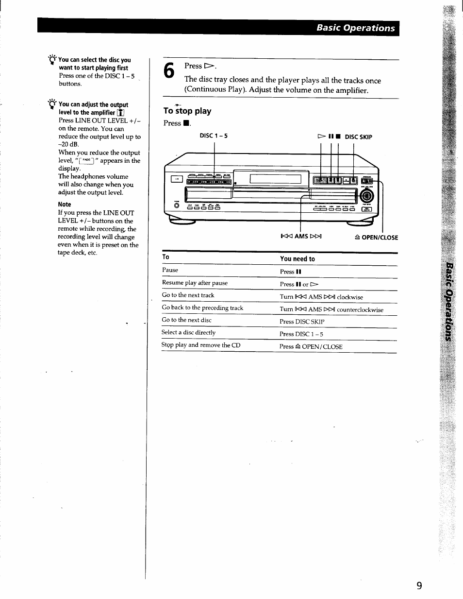 To stop play, Disc 1-5 o ii ■ disc skip, Basic operations | Sony CDP-CE525 User Manual | Page 9 / 30