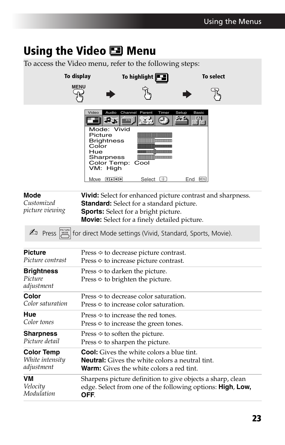 Using the video menu, Using the video | Sony KV-27FV17 User Manual | Page 35 / 64