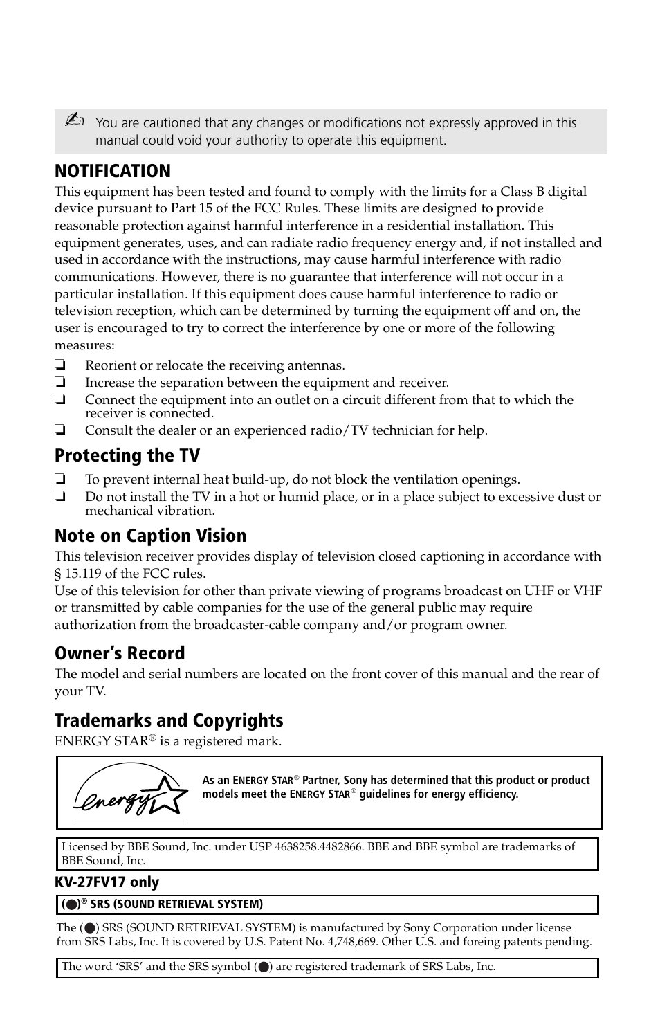 Notification, Protecting the tv, Owner’s record | Trademarks and copyrights, User guide | Sony KV-27FV17 User Manual | Page 4 / 64