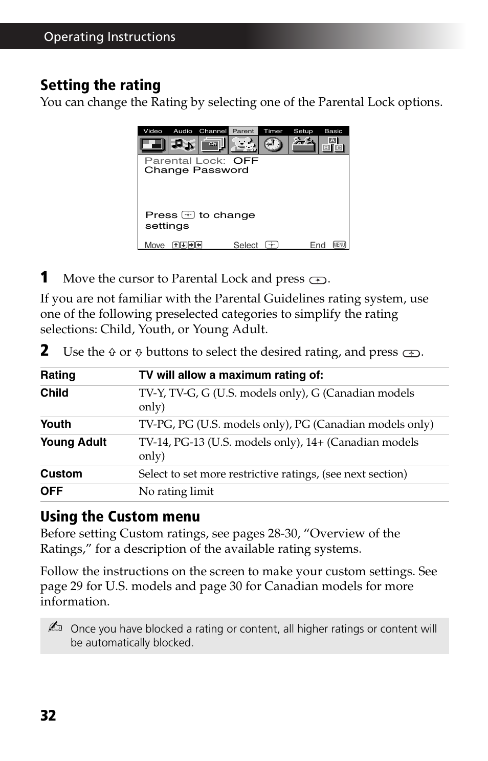 Setting the rating, Using the custom menu | Sony KV-27FV17 User Manual | Page 44 / 64