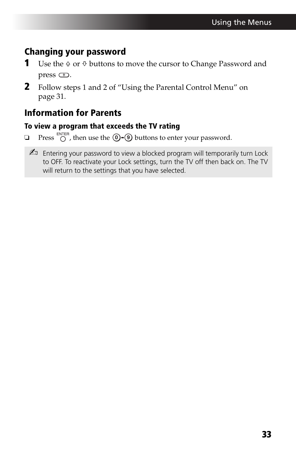 33 changing your password, Information for parents | Sony KV-27FV17 User Manual | Page 45 / 64