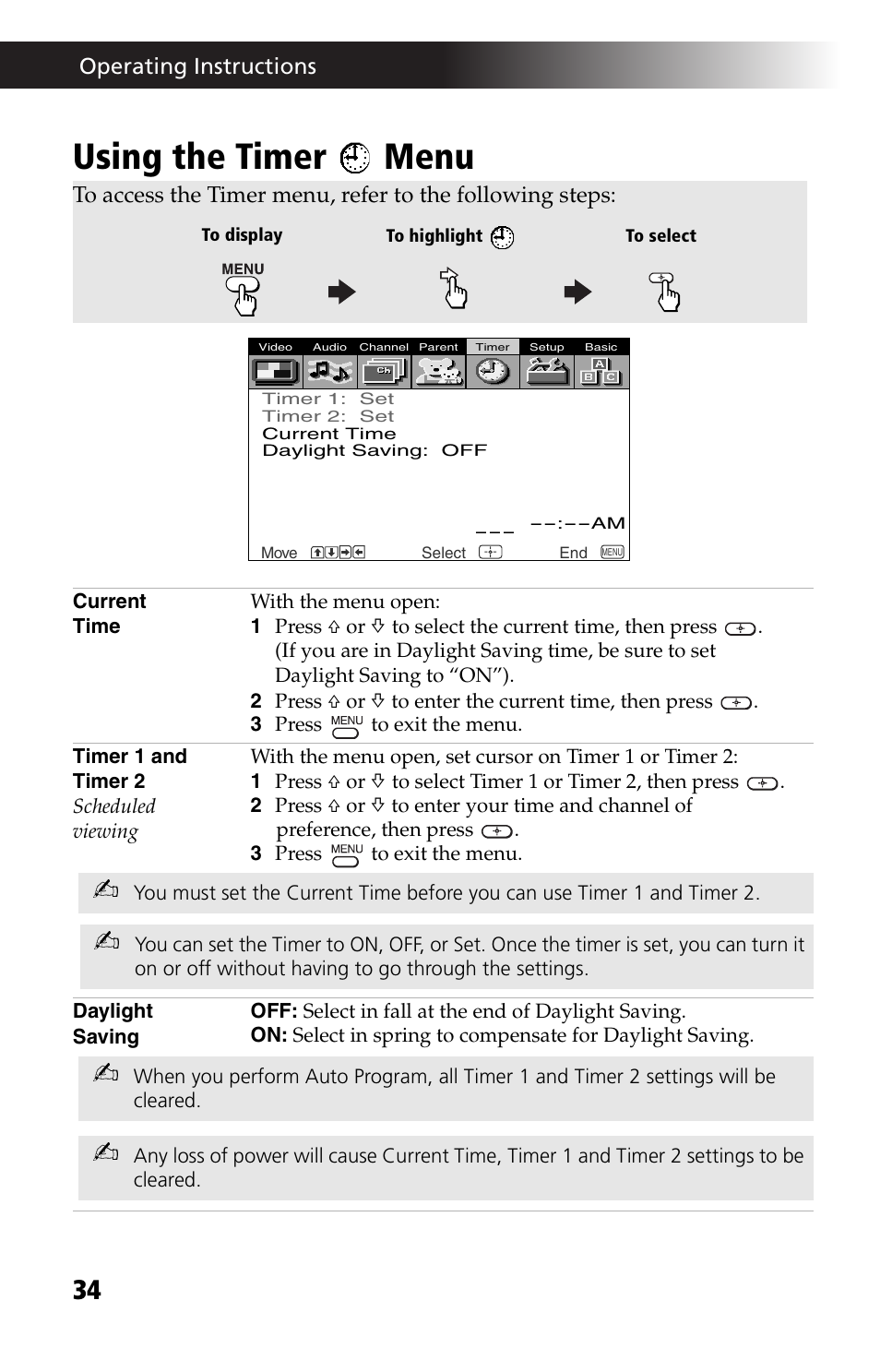 Using the timer menu, Using the timer | Sony KV-27FV17 User Manual | Page 46 / 64