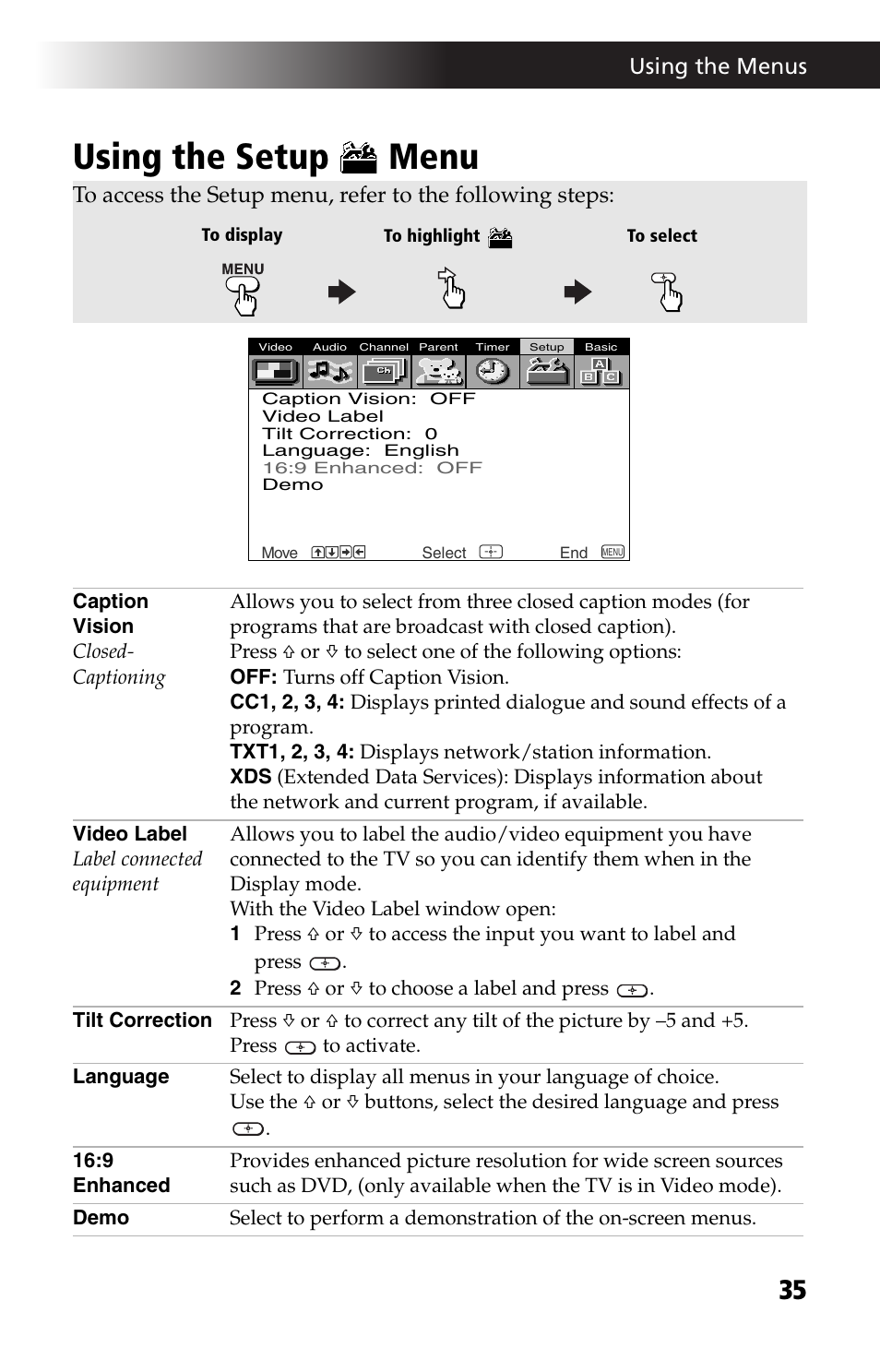 Using the setup menu, Using the setup, Using the menus | Sony KV-27FV17 User Manual | Page 47 / 64