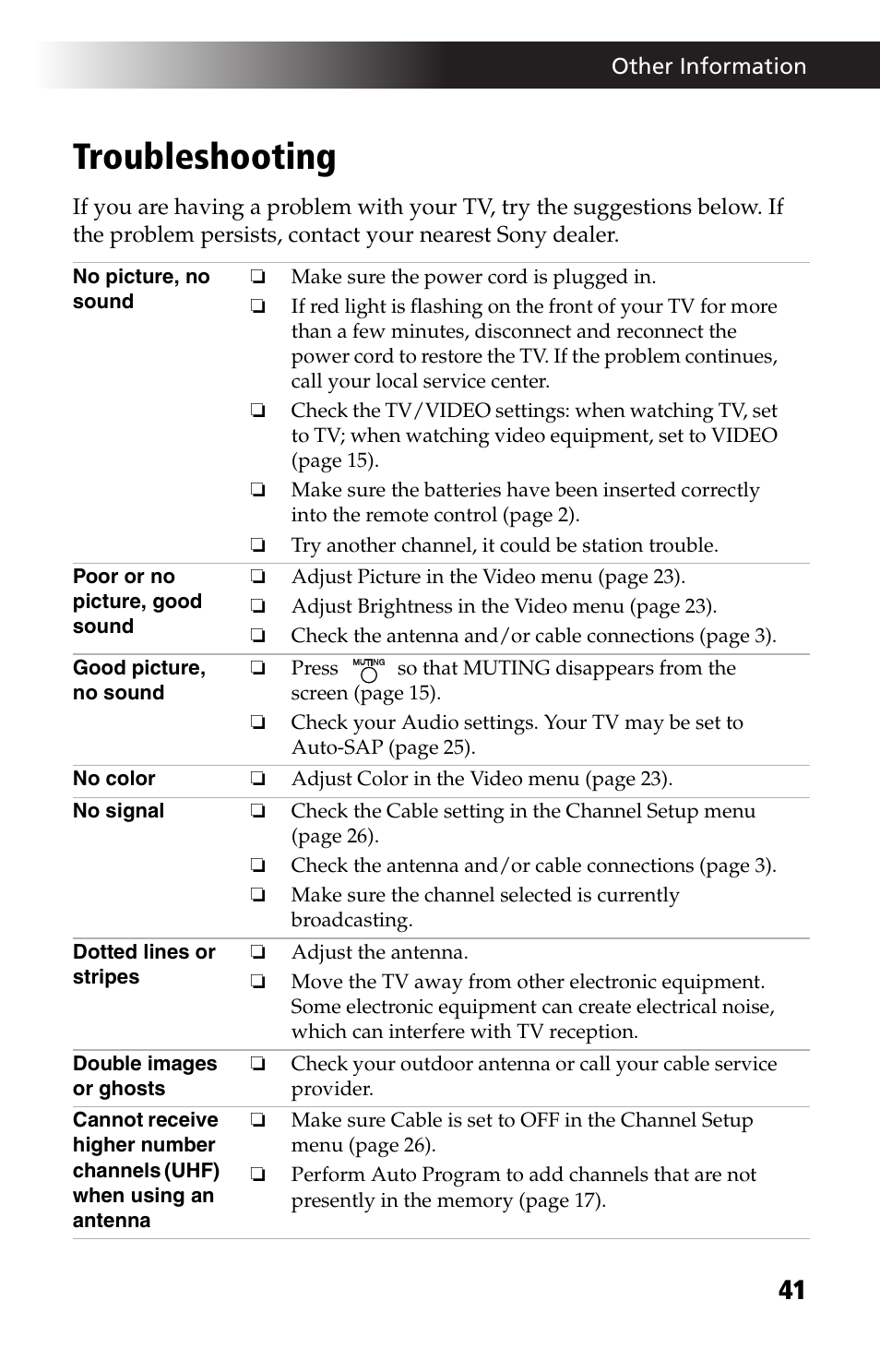 Troubleshooting | Sony KV-27FV17 User Manual | Page 53 / 64