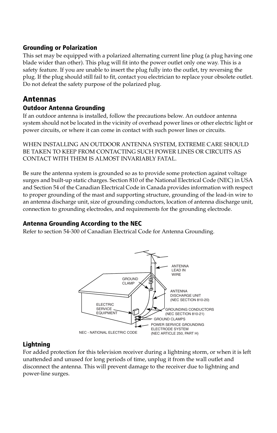 Antennas, User guide, Grounding or polarization | Outdoor antenna grounding, Antenna grounding according to the nec, Lightning | Sony KV-27FV17 User Manual | Page 8 / 64