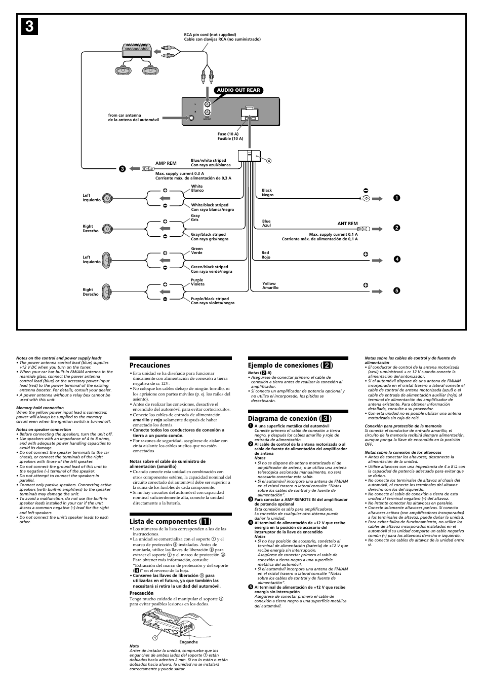 Precauciones, Lista de componentes ( 1 ), Ejemplo de conexiones ( 2 ) | Diagrama de conexión ( 3 ) | Sony CDX-SW200 User Manual | Page 2 / 4