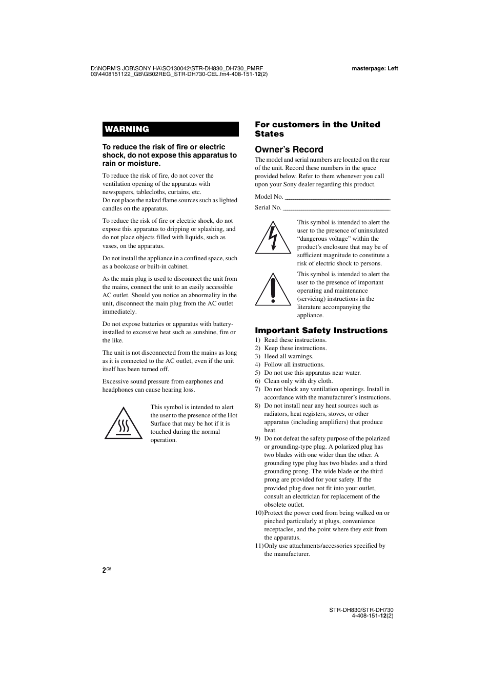 Owner’s record | Sony STRDH830 User Manual | Page 2 / 88