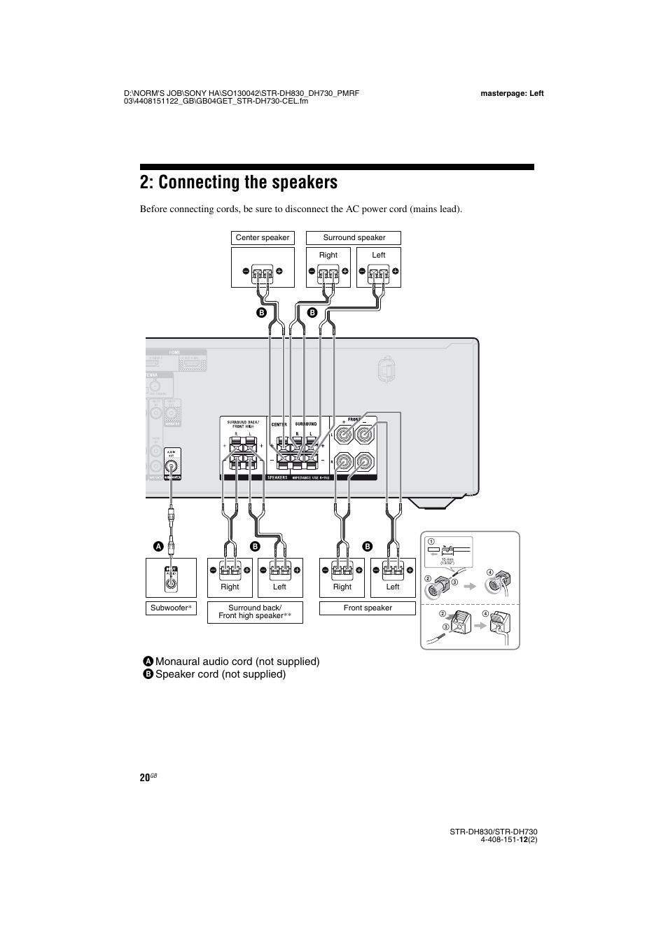 Connecting the speakers, E 20, 22 | Sony STRDH830 User Manual | Page 20 / 88