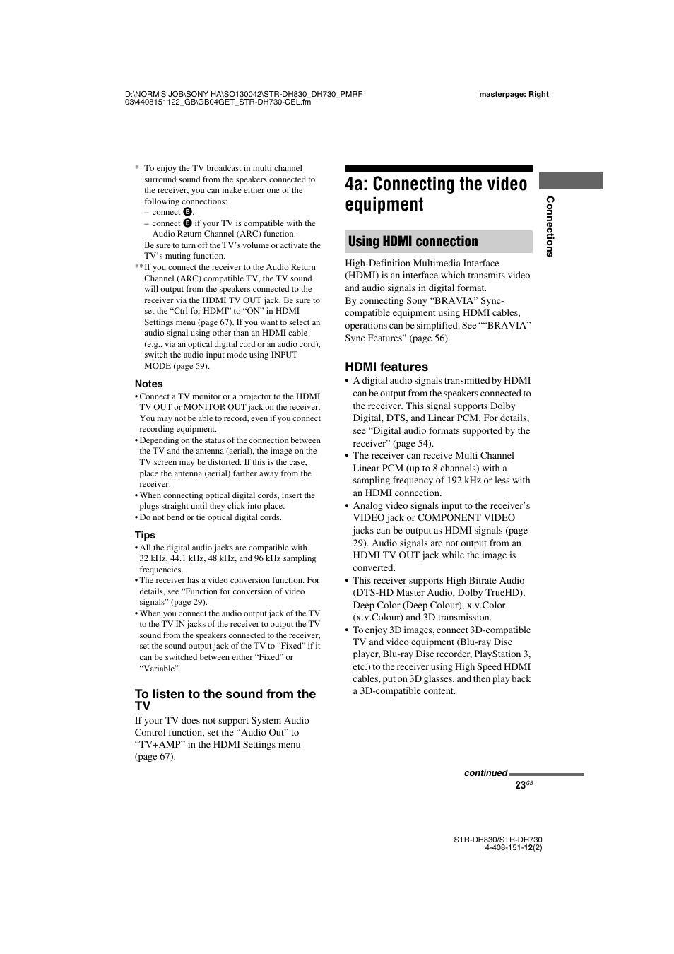 4a: connecting the video equipment, Using hdmi connection, Hdmi features | Sony STRDH830 User Manual | Page 23 / 88