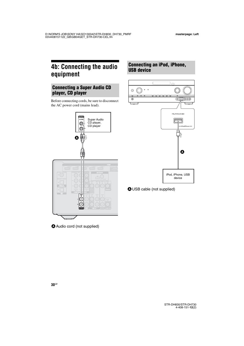 4b: connecting the audio equipment, Connecting a super audio cd player, cd player, Connecting an ipod, iphone, usb device | Sony STRDH830 User Manual | Page 30 / 88