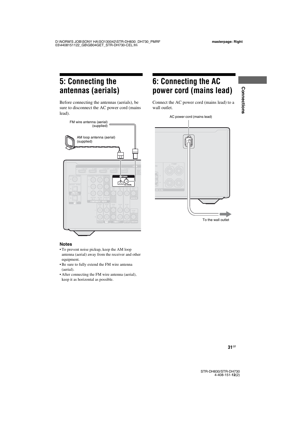 Connecting the antennas (aerials), Connecting the ac power cord (mains lead), Mains lead) | Sony STRDH830 User Manual | Page 31 / 88