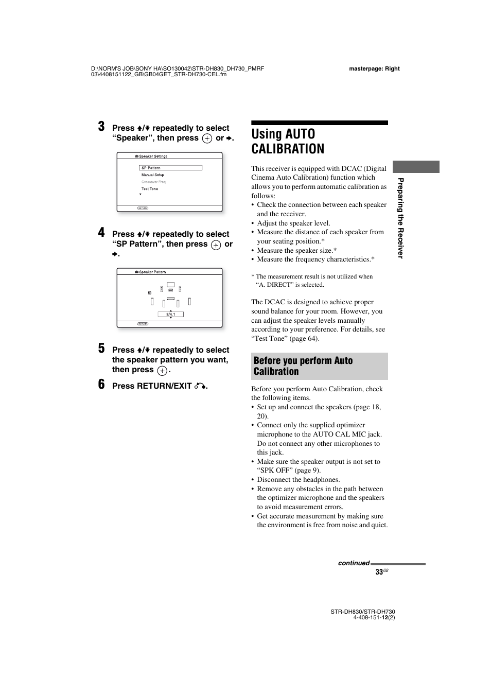 Using auto calibration, Before you perform auto calibration | Sony STRDH830 User Manual | Page 33 / 88