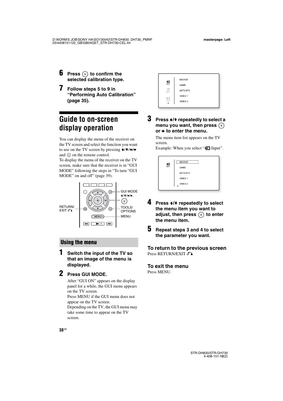 Guide to on-screen display operation | Sony STRDH830 User Manual | Page 38 / 88