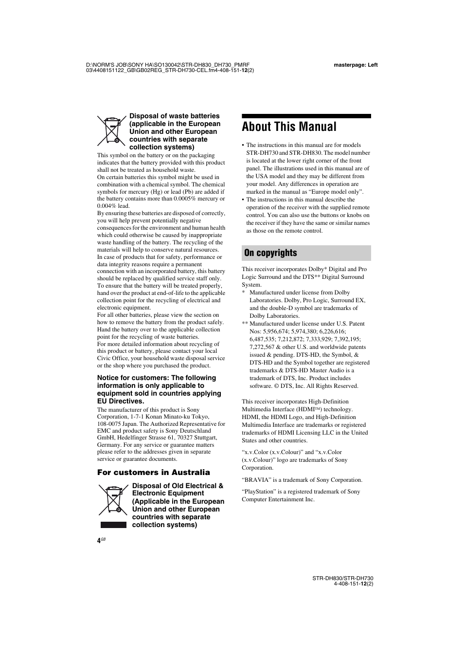 About this manual, On copyrights | Sony STRDH830 User Manual | Page 4 / 88