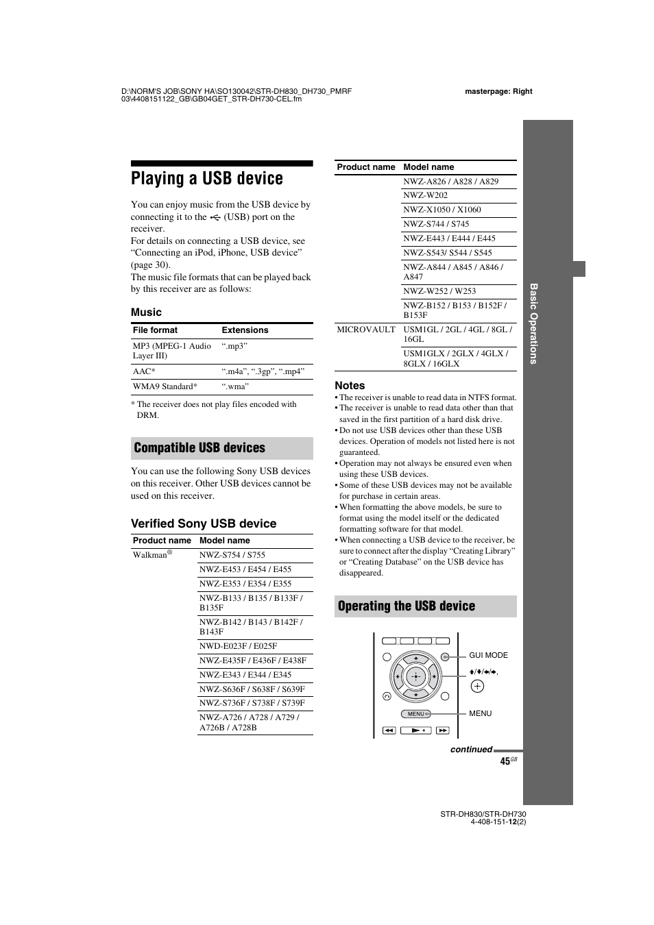 Playing a usb device, Compatible usb devices, Operating the usb device | Verified sony usb device | Sony STRDH830 User Manual | Page 45 / 88