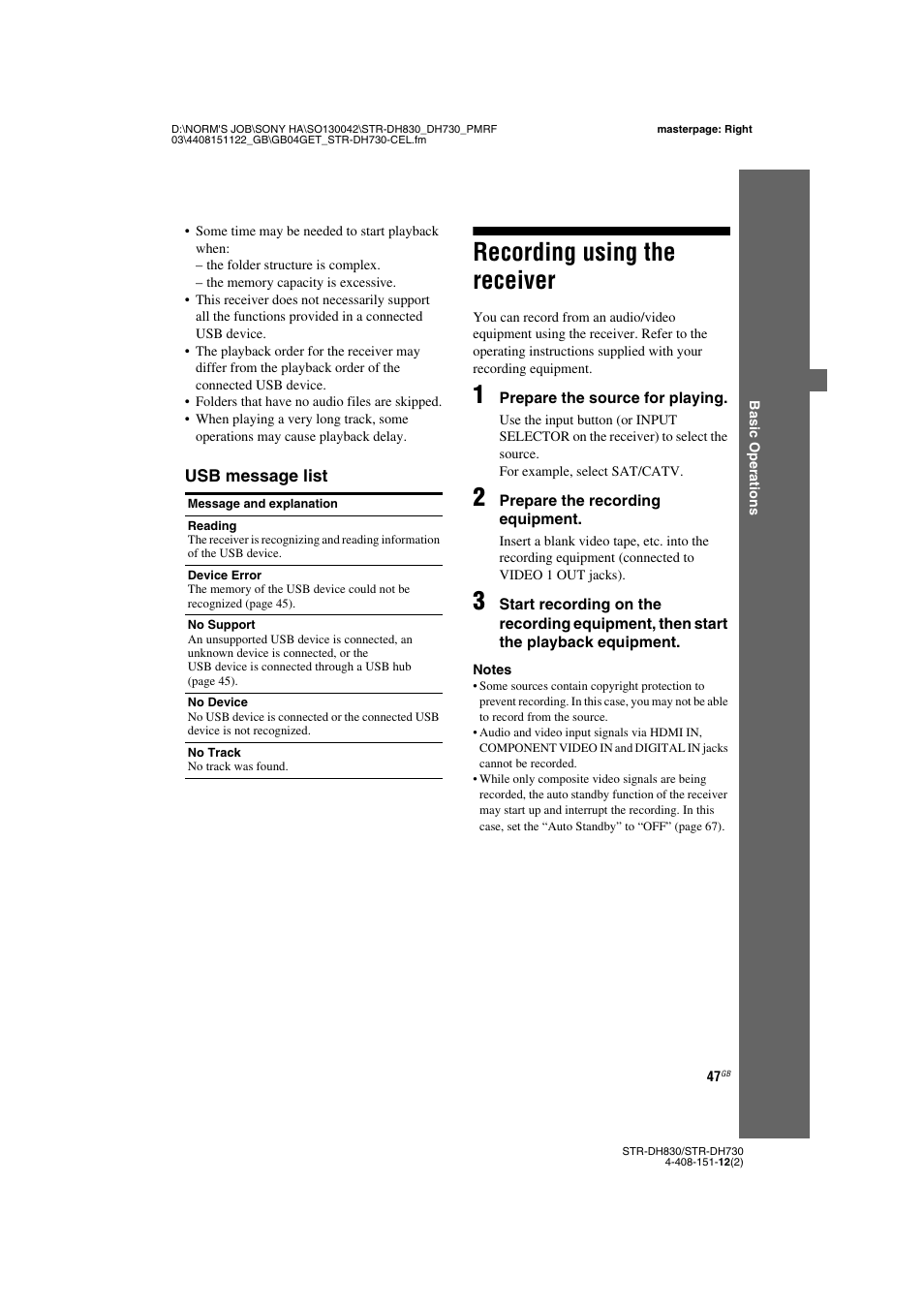 Recording using the receiver | Sony STRDH830 User Manual | Page 47 / 88