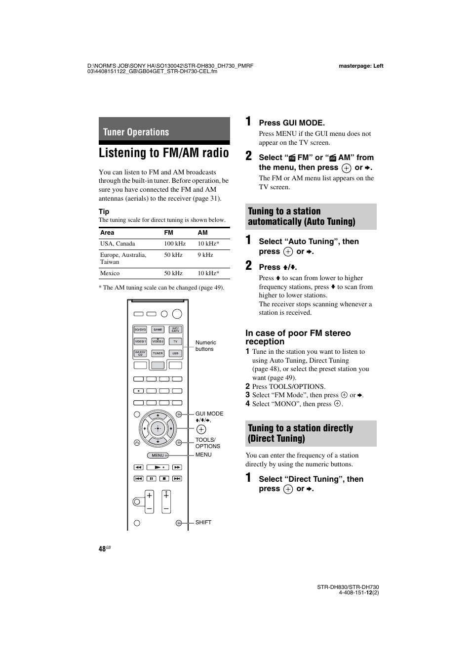 Tuner operations, Listening to fm/am radio | Sony STRDH830 User Manual | Page 48 / 88