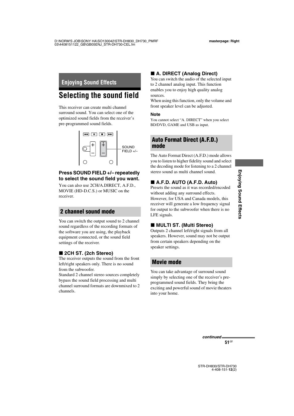 Enjoying sound effects, Selecting the sound field, E 51, 53) | Enjoying sound effects 2 channel sound mode, Auto format direct (a.f.d.) mode movie mode | Sony STRDH830 User Manual | Page 51 / 88