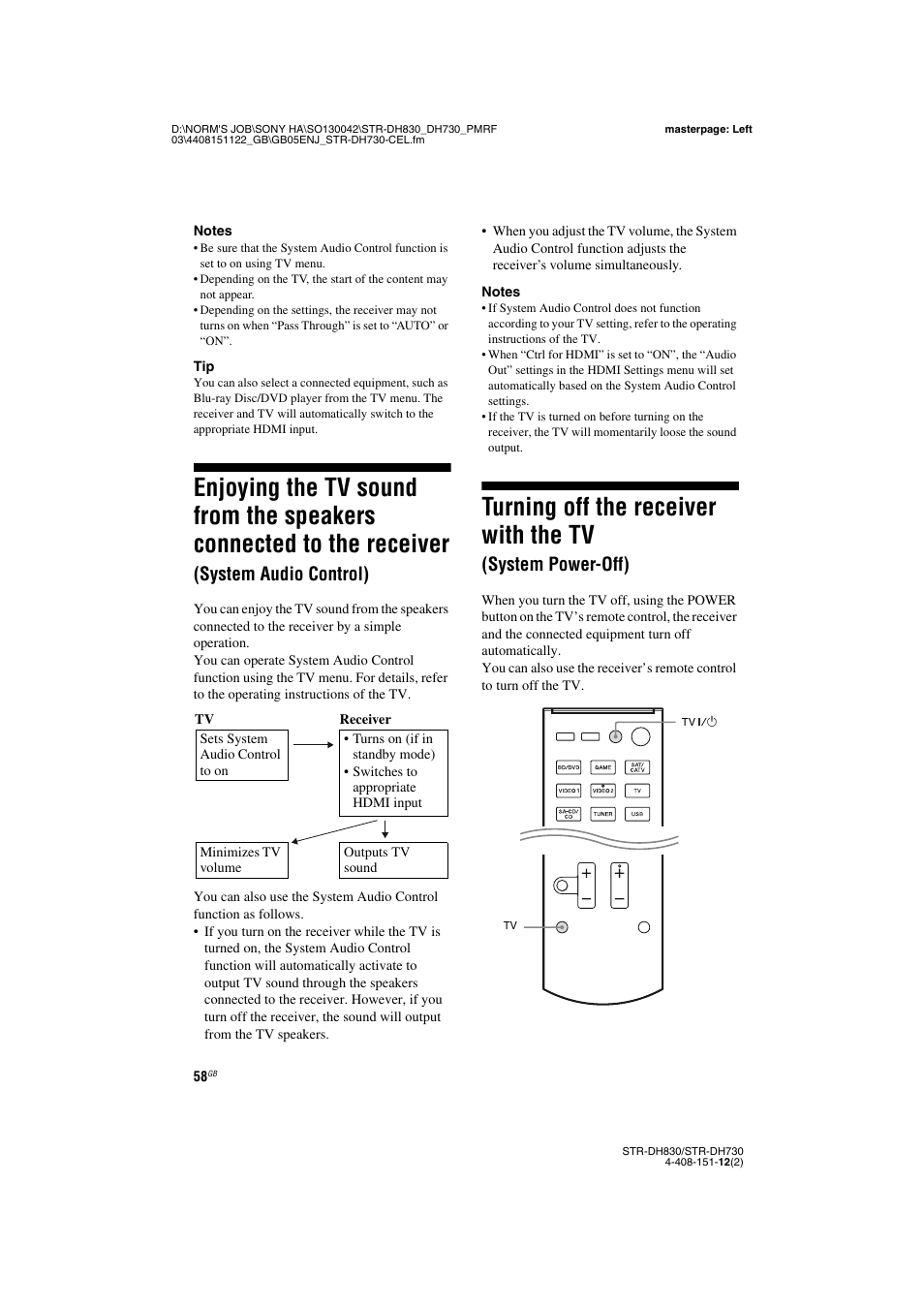 Enjoying the tv sound from the speakers, Connected to the receiver, System audio control) | Turning off the receiver with the tv, System power-off) | Sony STRDH830 User Manual | Page 58 / 88