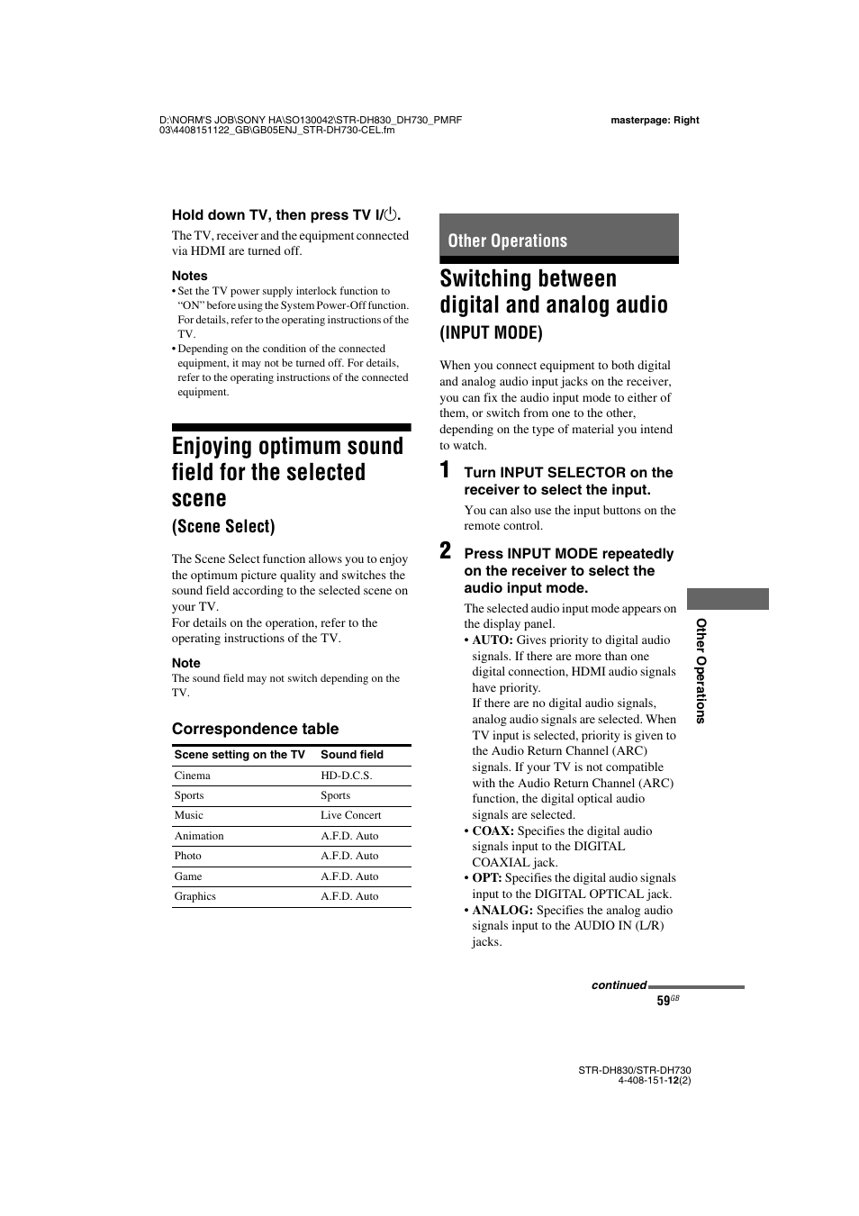 Other operations, Enjoying optimum sound field for the selected, Scene (scene select) | Switching between digital and analog audio, Input mode), Scene select) | Sony STRDH830 User Manual | Page 59 / 88