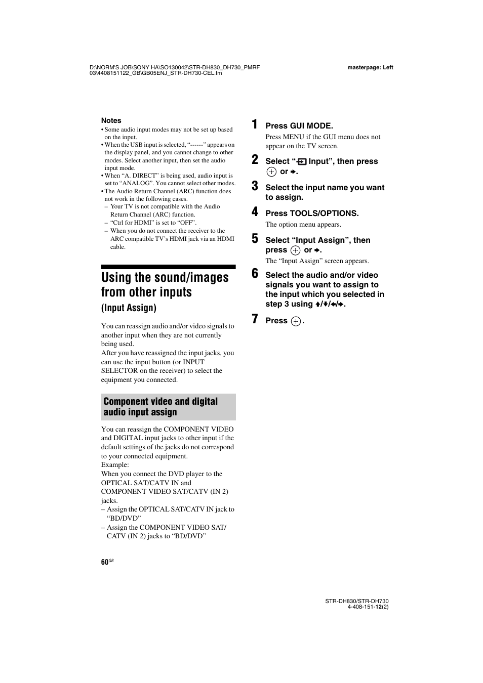Using the sound/images from other inputs, Input assign) | Sony STRDH830 User Manual | Page 60 / 88
