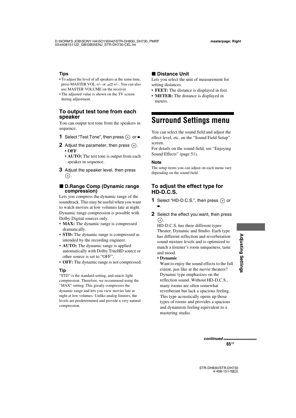 Surround settings menu | Sony STRDH830 User Manual | Page 65 / 88