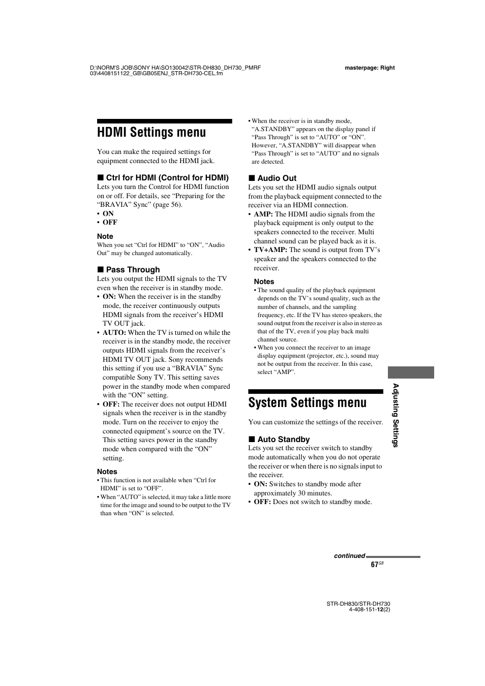Hdmi settings menu, System settings menu, Hdmi settings menu system settings menu | Sony STRDH830 User Manual | Page 67 / 88
