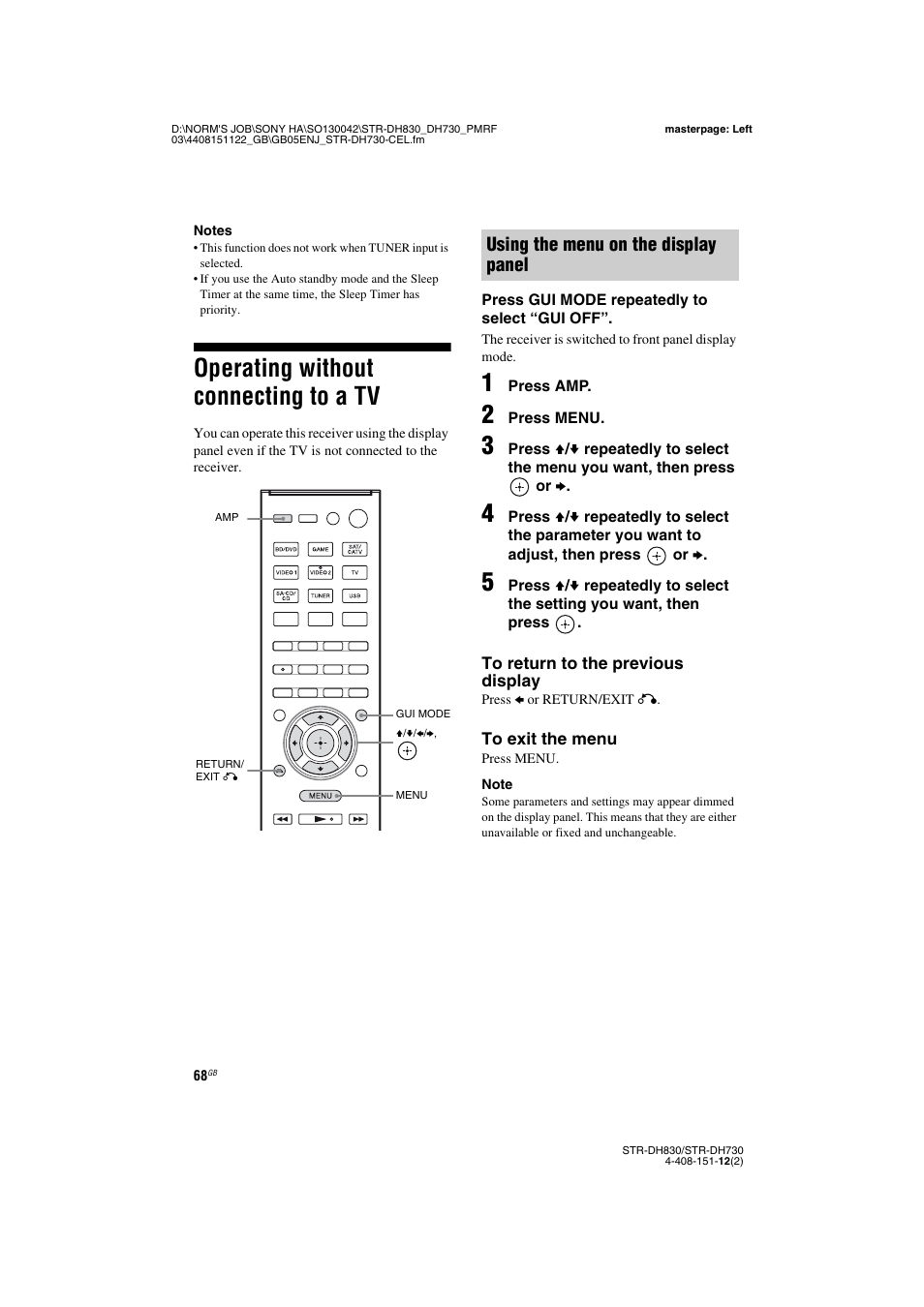 Operating without connecting to a tv, Using the menu on the display panel | Sony STRDH830 User Manual | Page 68 / 88