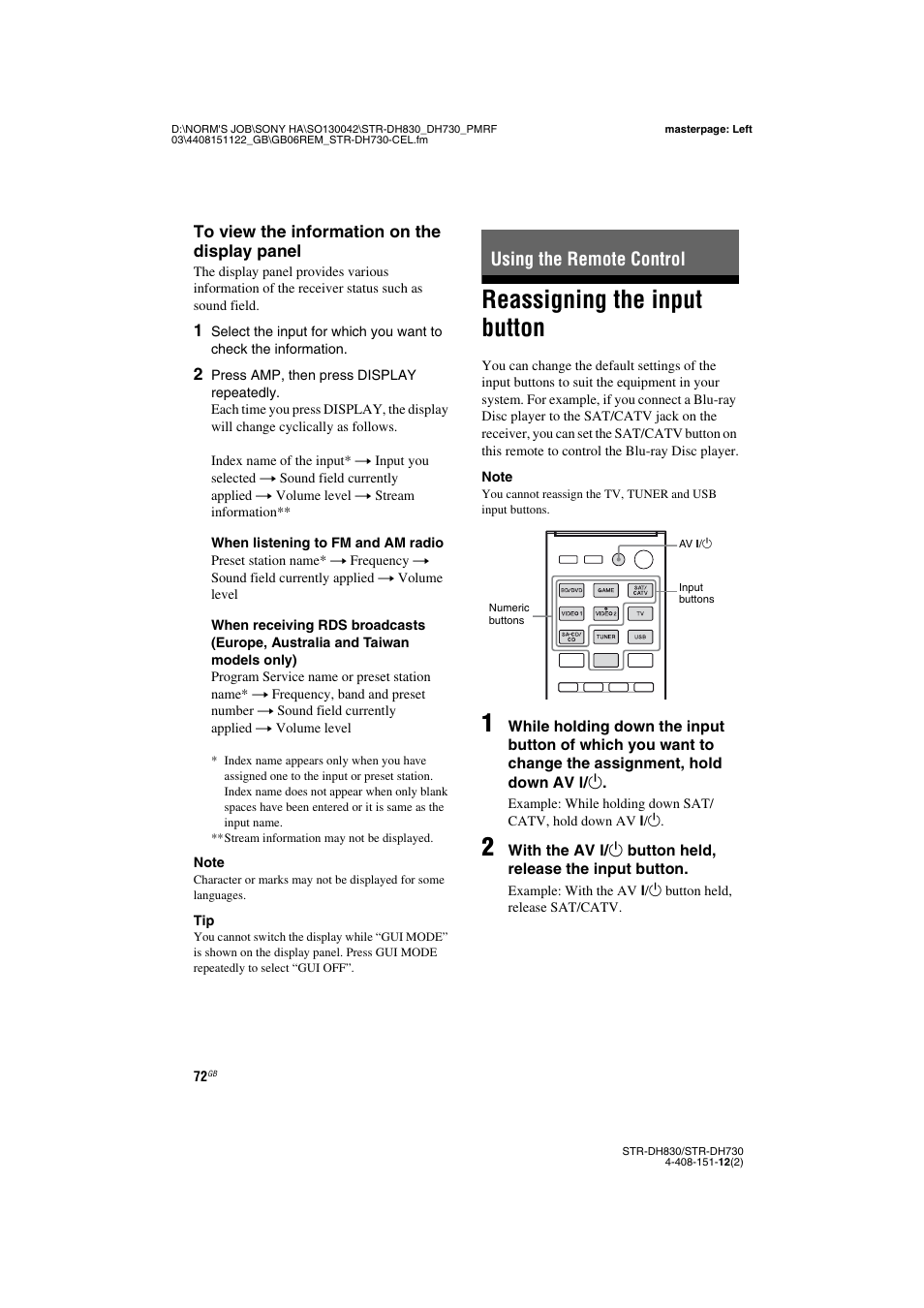 Using the remote control, Reassigning the input button | Sony STRDH830 User Manual | Page 72 / 88