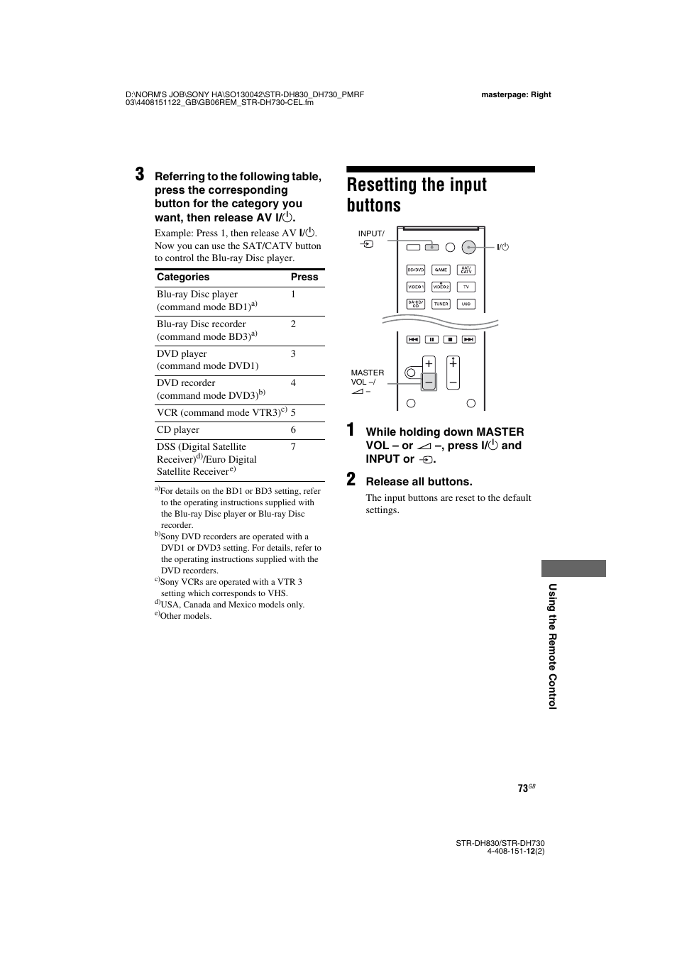 Resetting the input buttons, Resetting the input buttons 1 | Sony STRDH830 User Manual | Page 73 / 88