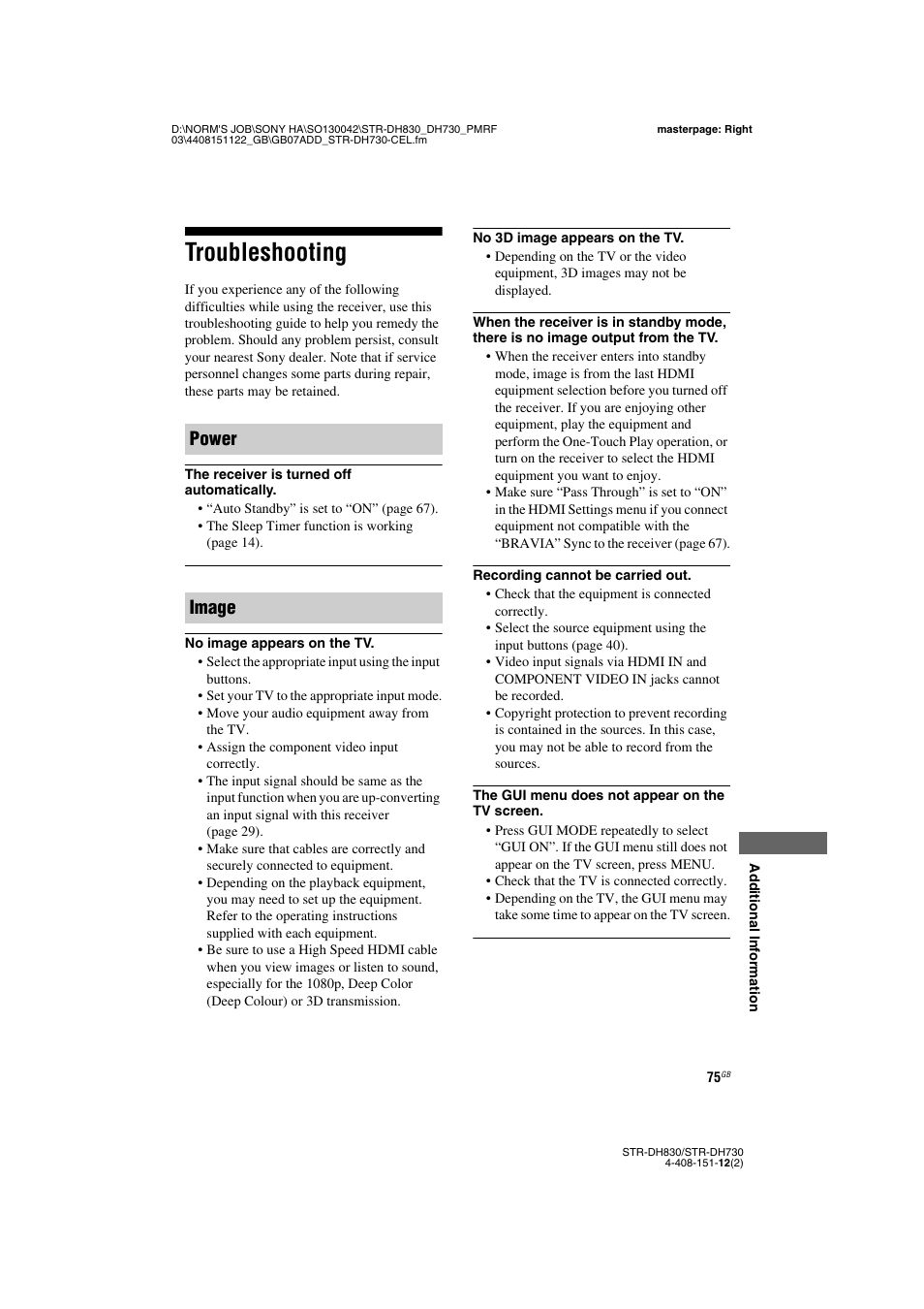Troubleshooting, Power image | Sony STRDH830 User Manual | Page 75 / 88