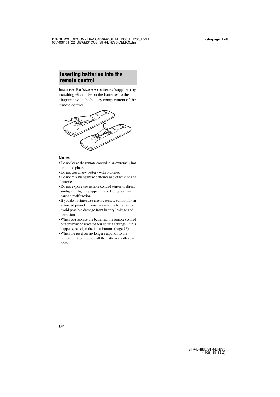 Inserting batteries into the remote control | Sony STRDH830 User Manual | Page 8 / 88