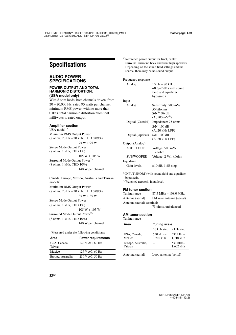 Specifications, Audio power specifications | Sony STRDH830 User Manual | Page 82 / 88