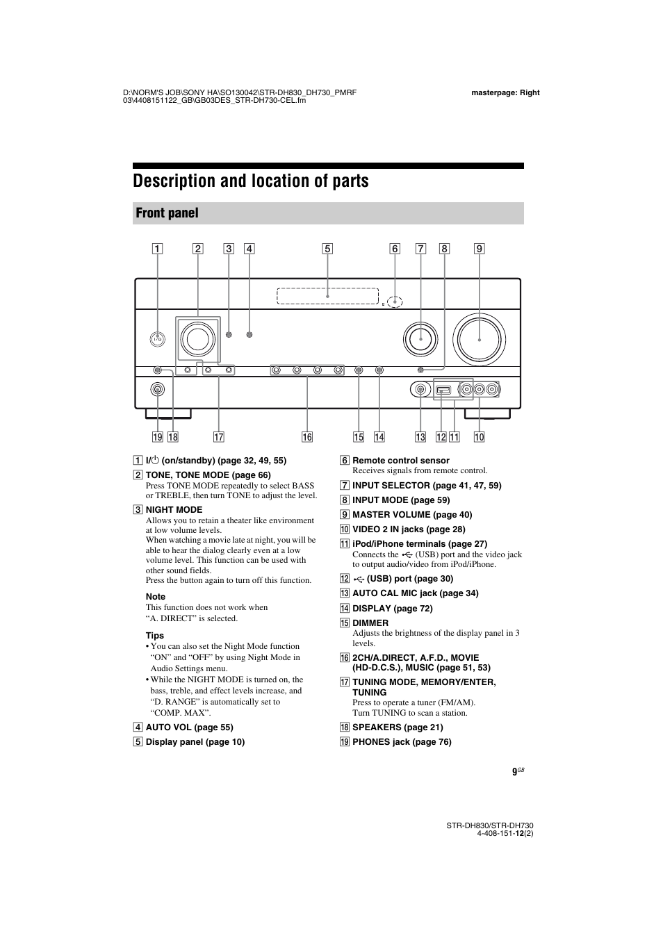 Description and location of parts, Front panel | Sony STRDH830 User Manual | Page 9 / 88
