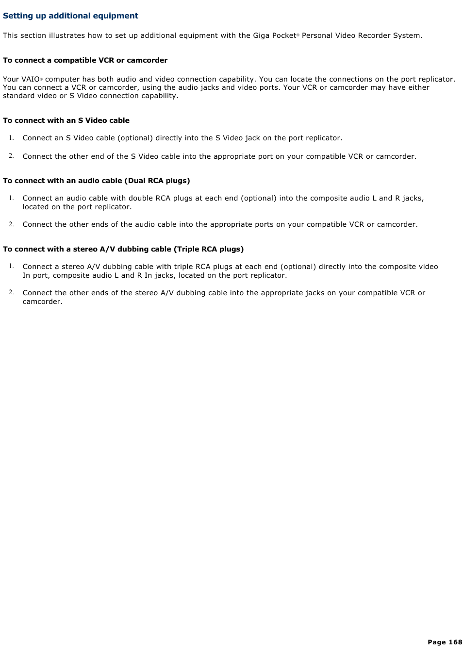 Setting up additional equipment | Sony VGN-A140P User Manual | Page 168 / 315