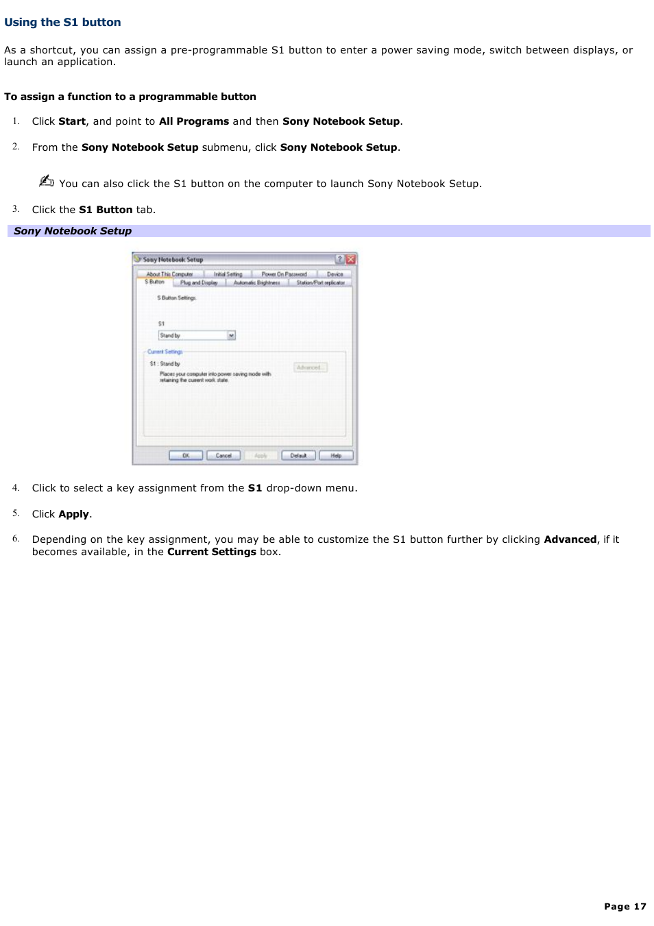 Using the s1 button | Sony VGN-A140P User Manual | Page 17 / 315