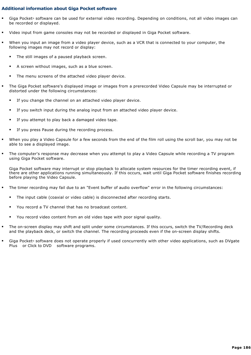 Additional information about giga pocket software | Sony VGN-A140P User Manual | Page 186 / 315