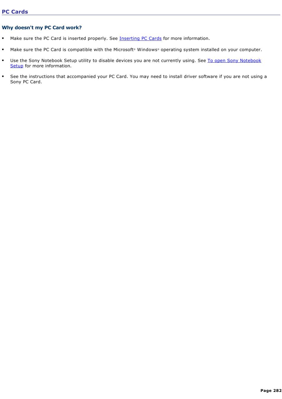 Why doesn't my pc card work | Sony VGN-A140P User Manual | Page 282 / 315