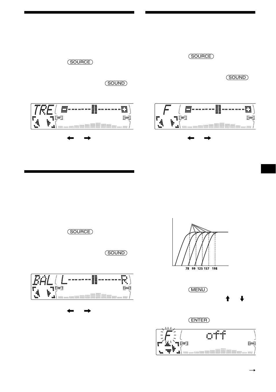 Réglages des aigus (cdx- m670/m620 uniquement), Réglages des aigus, Cdx-m670/m620 uniquement) | Réglage de la balance avant/arrière (fad), Réglage du volume avant et arrière, Cdx-m770 uniquement) | Sony CDX-M670 User Manual | Page 55 / 108