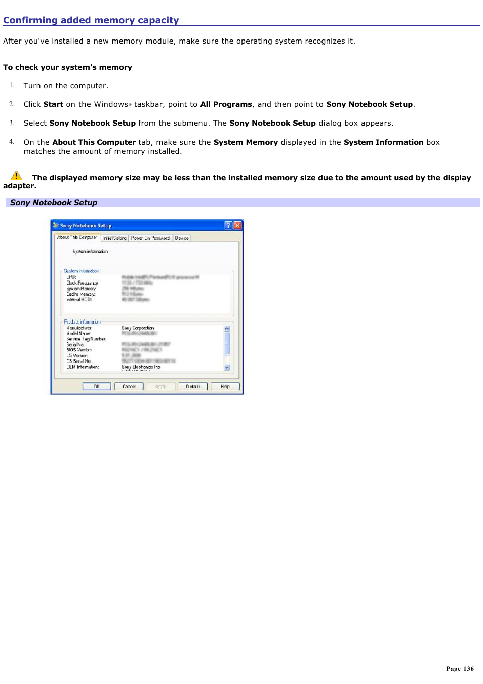 Confirming added memory capacity, For more | Sony PCG-V505BCK User Manual | Page 136 / 141
