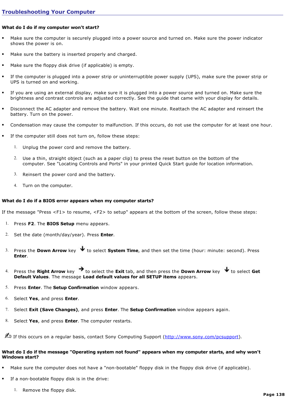 Troubleshooting your computer | Sony PCG-V505BCK User Manual | Page 138 / 141