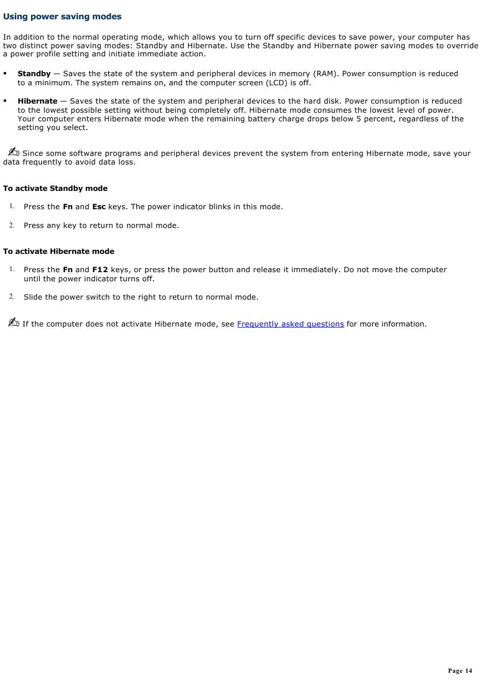Using power saving modes | Sony PCG-V505BCK User Manual | Page 14 / 141