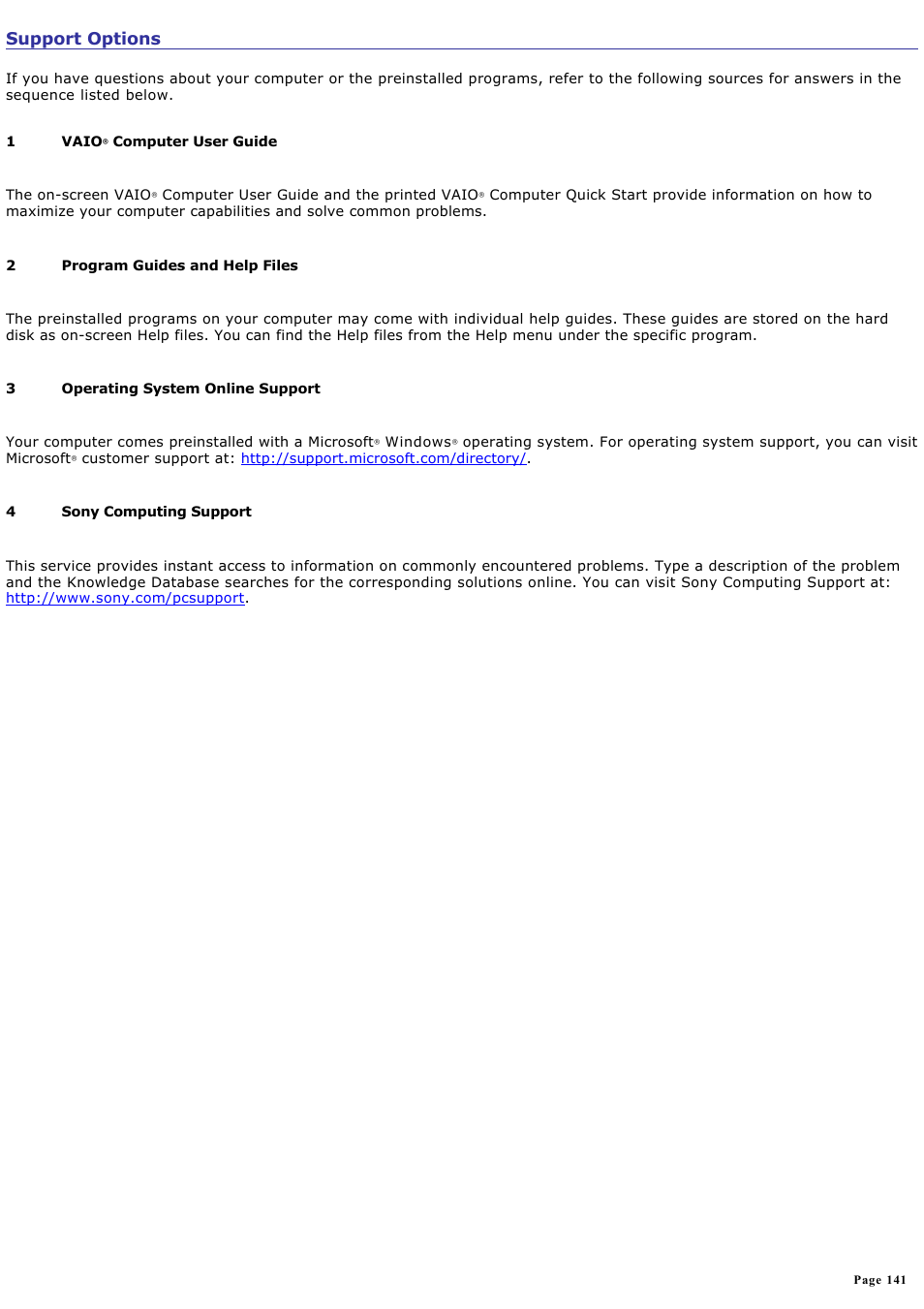 Support options | Sony PCG-V505BCK User Manual | Page 141 / 141