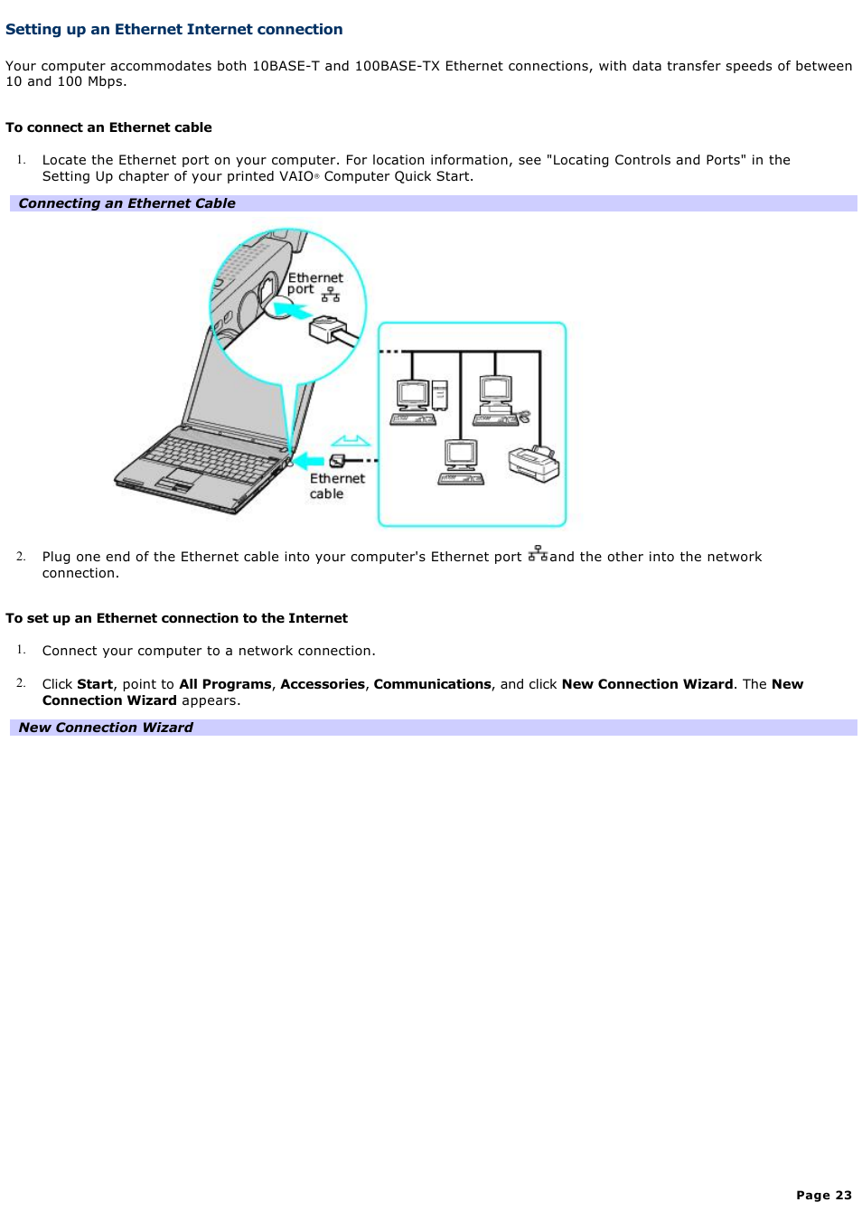 Setting up an ethernet internet connection | Sony PCG-V505BCK User Manual | Page 23 / 141