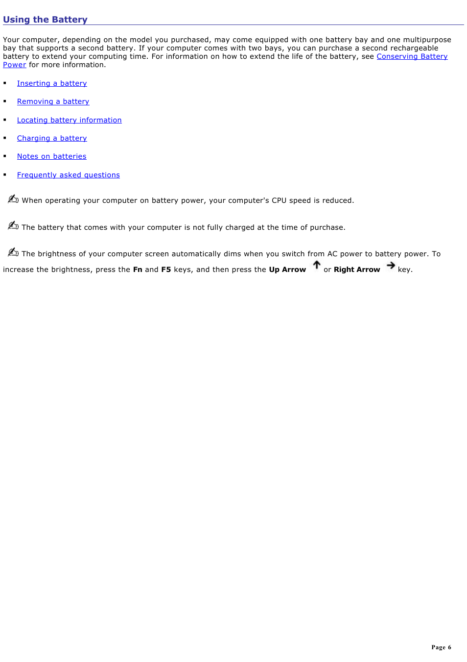 Using the battery | Sony PCG-V505BCK User Manual | Page 6 / 141
