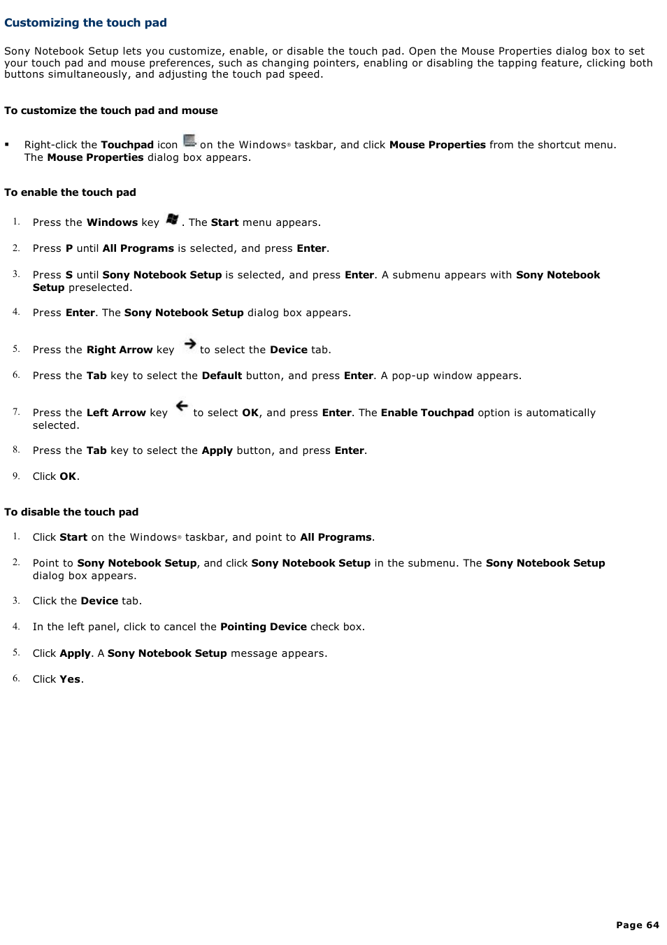Customizing the touch pad | Sony PCG-V505BCK User Manual | Page 64 / 141