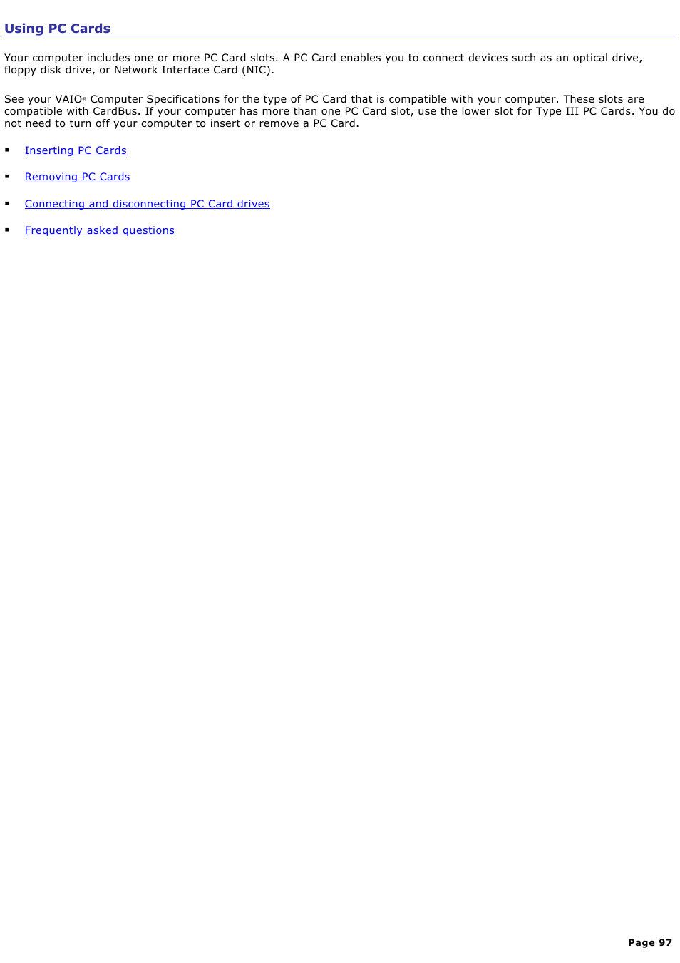 Using pc cards | Sony PCG-V505BCK User Manual | Page 97 / 141