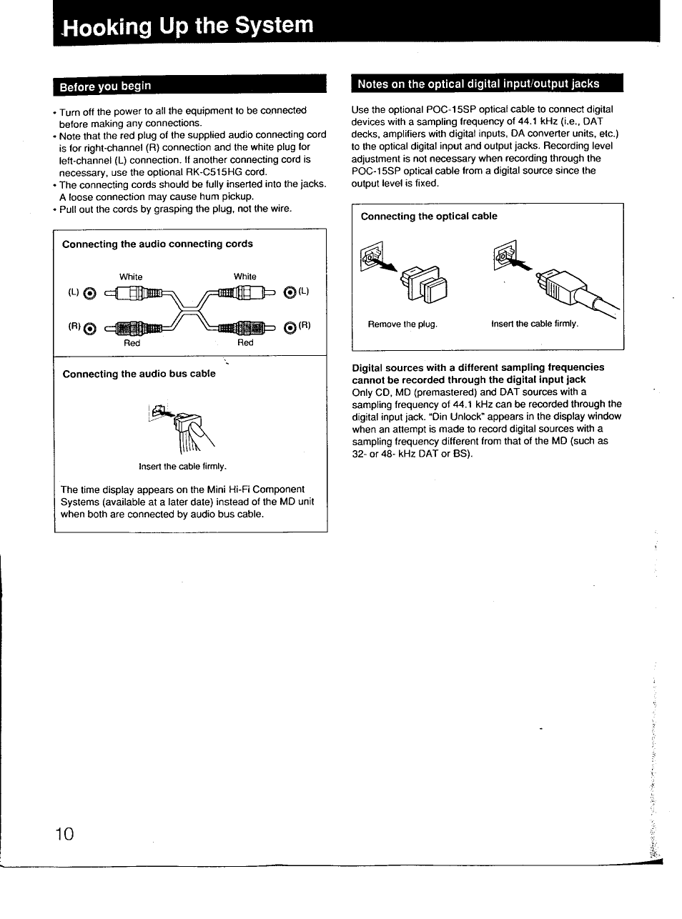 Hooking up the system, Notes on the optical digital input/output jacks, Notes on the optical digital input/oulput jacks | Sony MDS-101 User Manual | Page 10 / 52