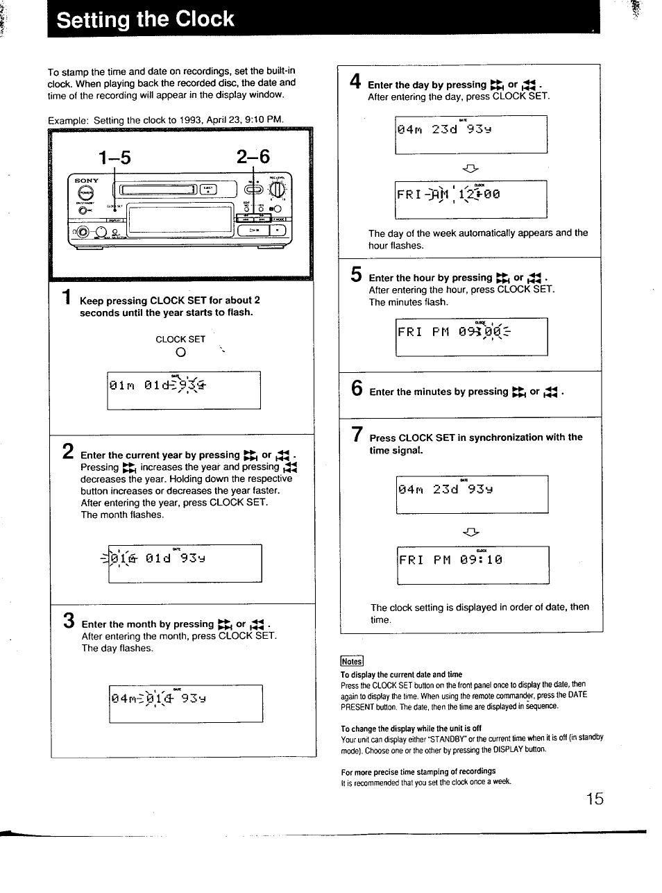 Setting the clock | Sony MDS-101 User Manual | Page 15 / 52