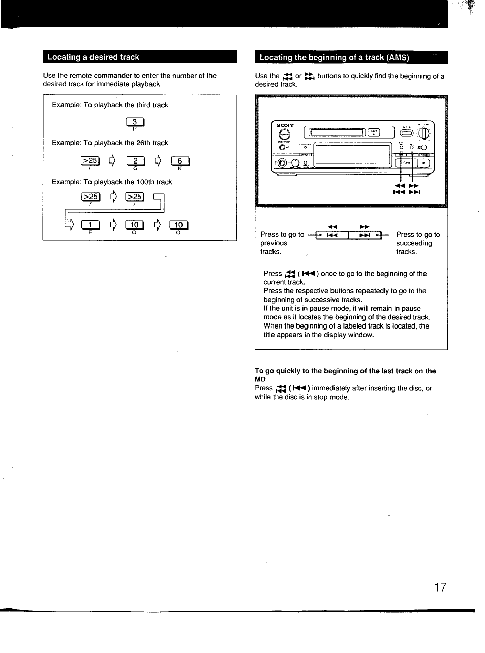 Locating the beginning of a track (ams), Locating the beginning of a track (àms) | Sony MDS-101 User Manual | Page 17 / 52